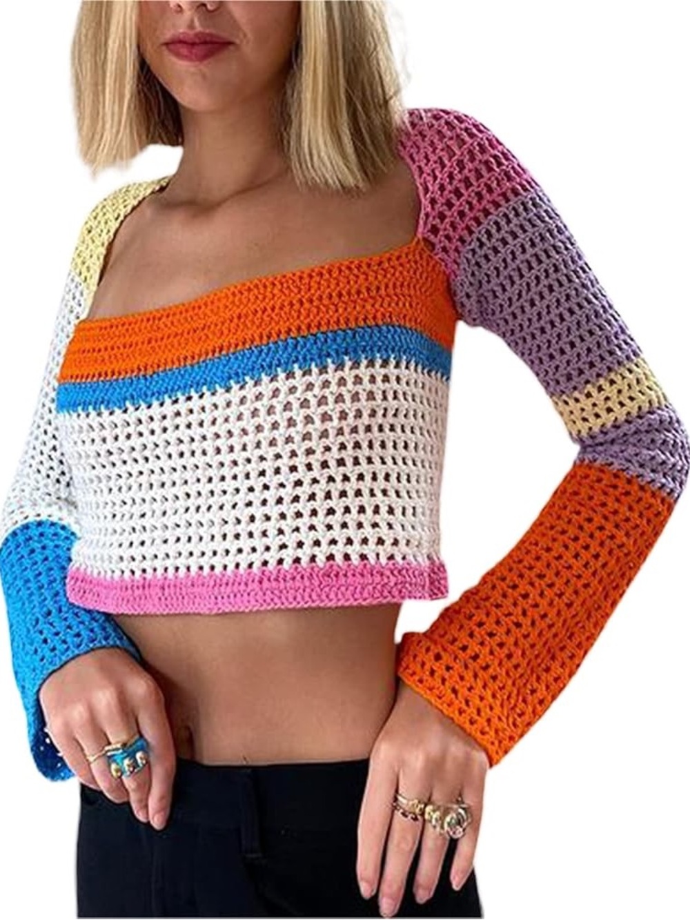 Crochet Knit Long Sleeve Crop Top, Size Medium
